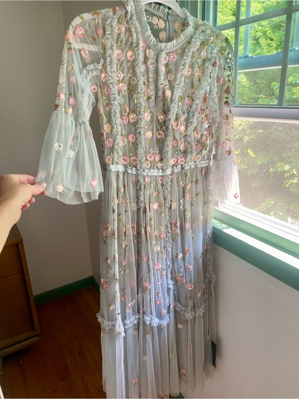 Needle & Thread Pale Blue Tulle Dress with Pink Floral Embroidery